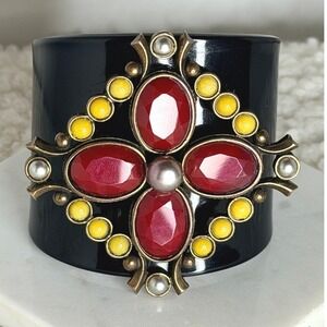 Vintage Extasia Red Bronze Handmade Cuff Bracelet Cab Stone Baroque Cross